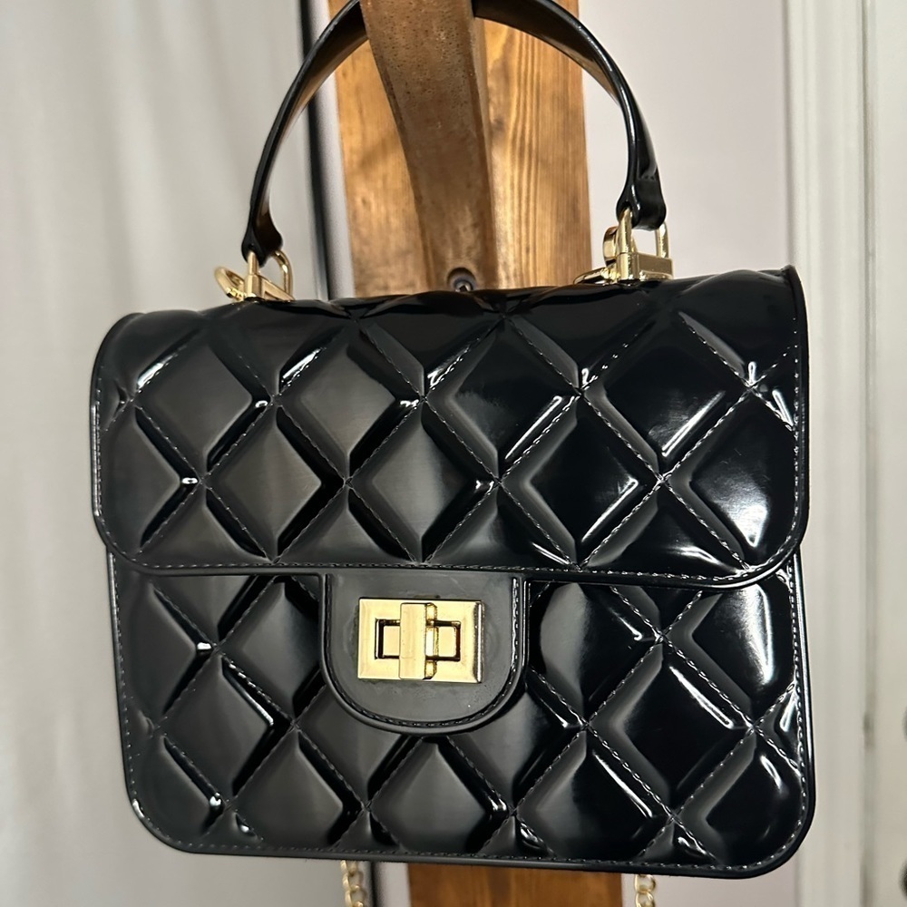 Womens Quilted Black Crossbody Bag Classic Top Handle Chain Link Faux Leather S - Picture 5 of 10
